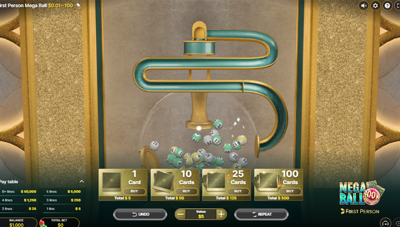 Tablero del juego en vivo First Person Mega Ball de lotería en un casino online.
